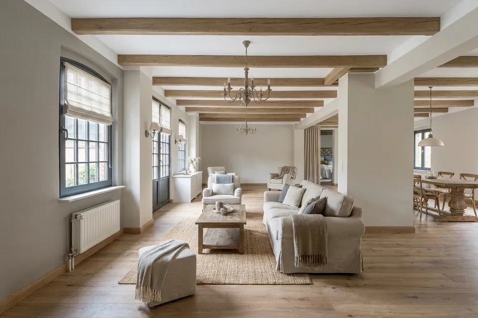 Nachher, virtuelle Renovierung: derselbe Altbau mit Balkendecke im Landhausstil